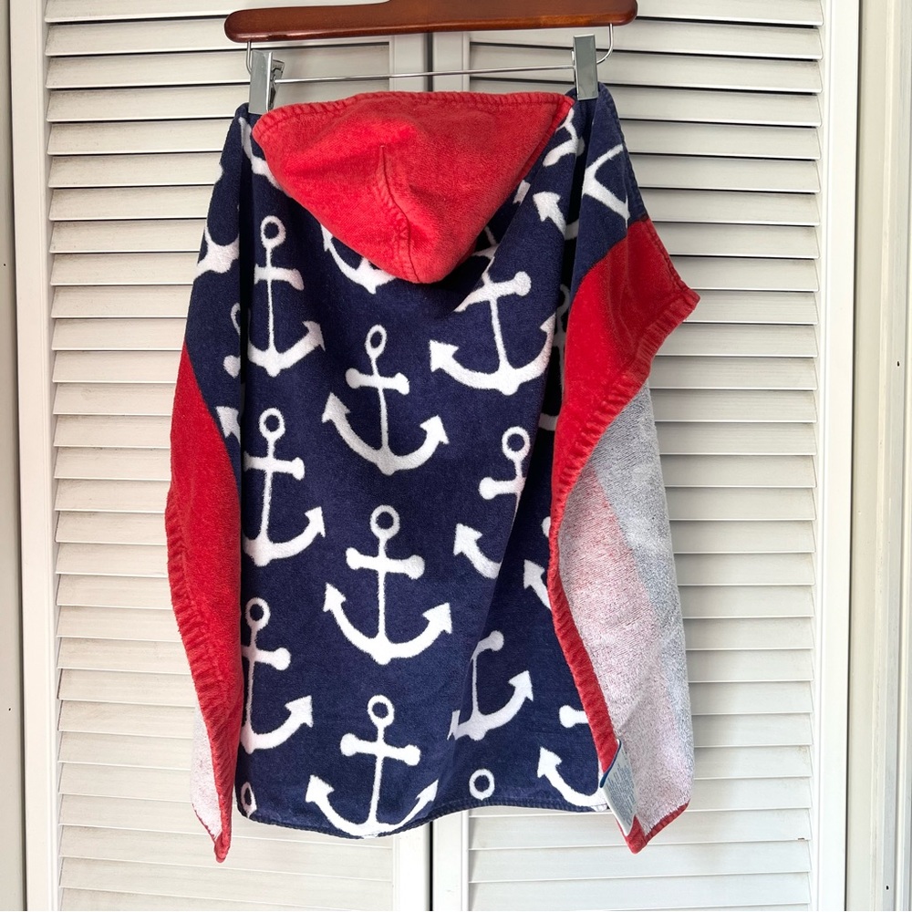 💙⚓️❤️ Pottery Barn Kids Anchor Baby Hooded Beach Bath Towel Red White Navy Blue